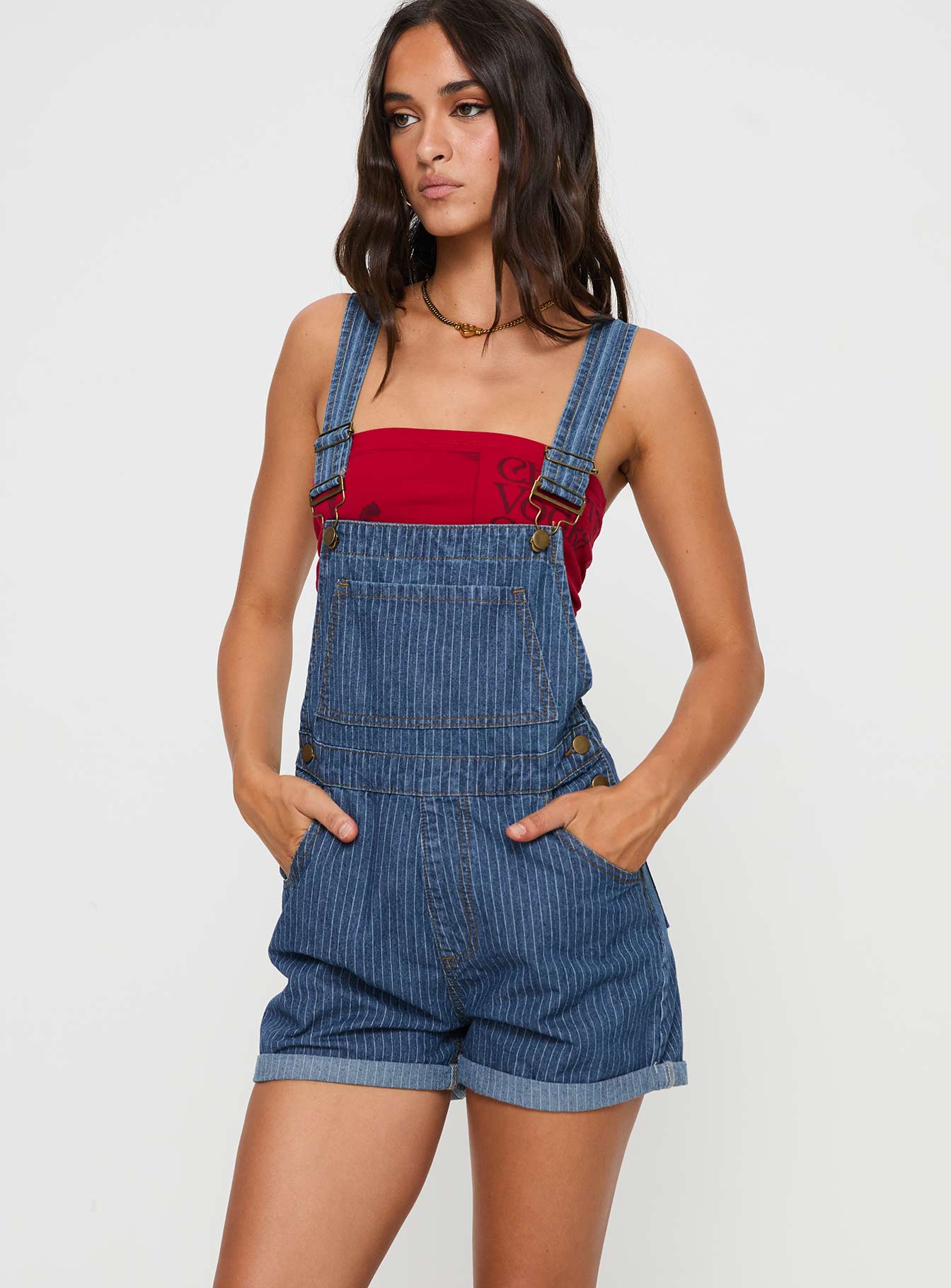 Kacey Short Overalls Mid Blue Pinstripe