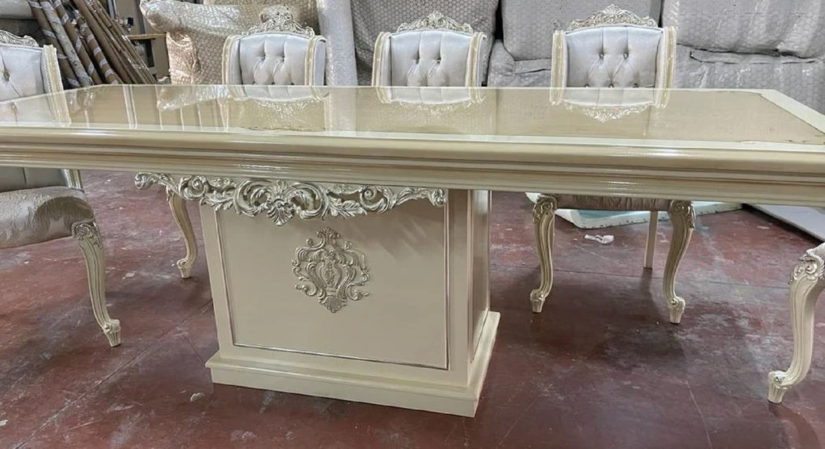 Luxury Baroque Dining Room Set Silver / Beige / White - 1 Baroque Dining Table & 6 Baroque Dining Chairs - Luxury Dining Room Furniture in Baroque Style - Magnificent Baroque Dining Room Furniture