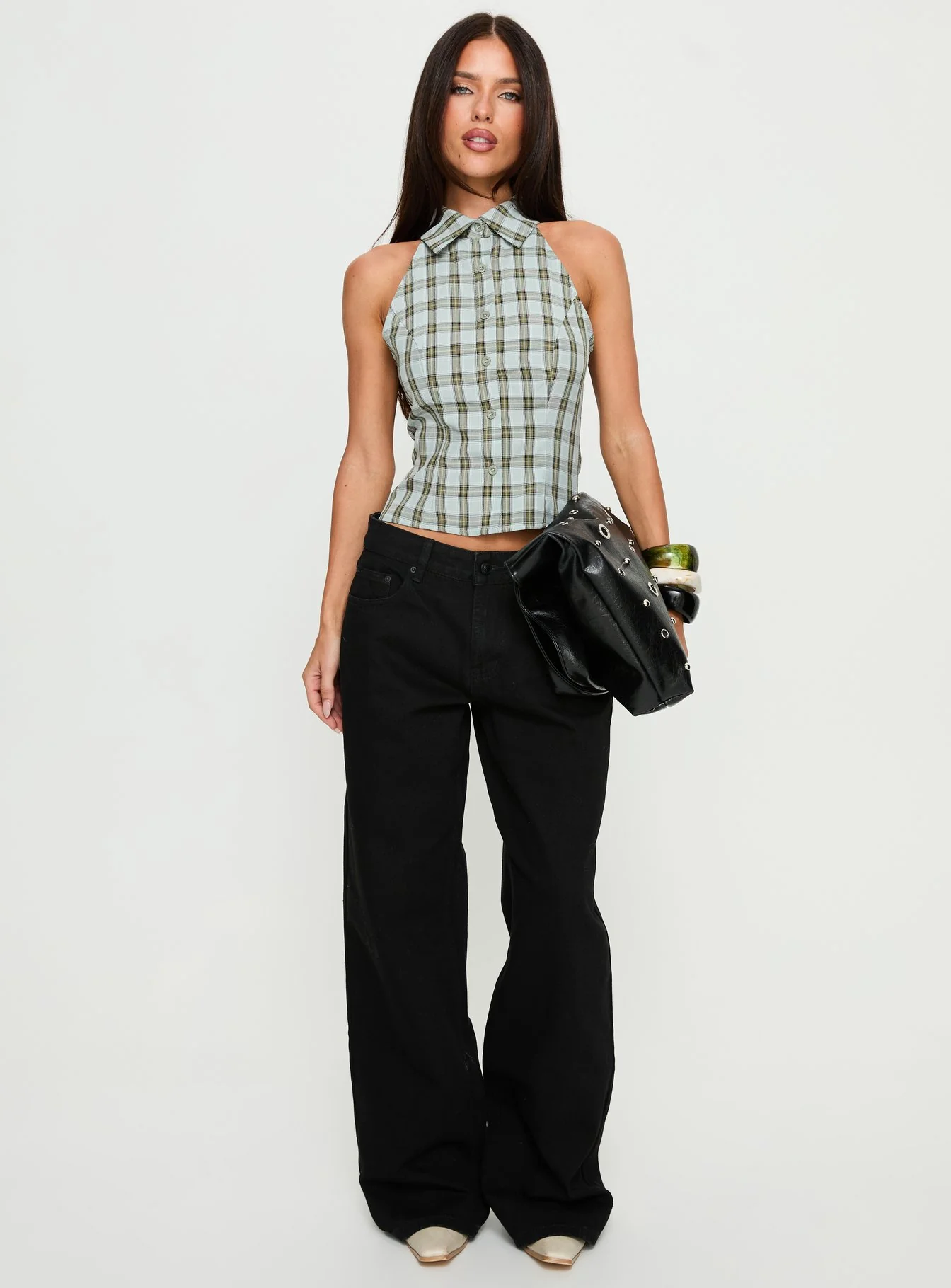 Daleia Sleeveless Collared Top Blue Check