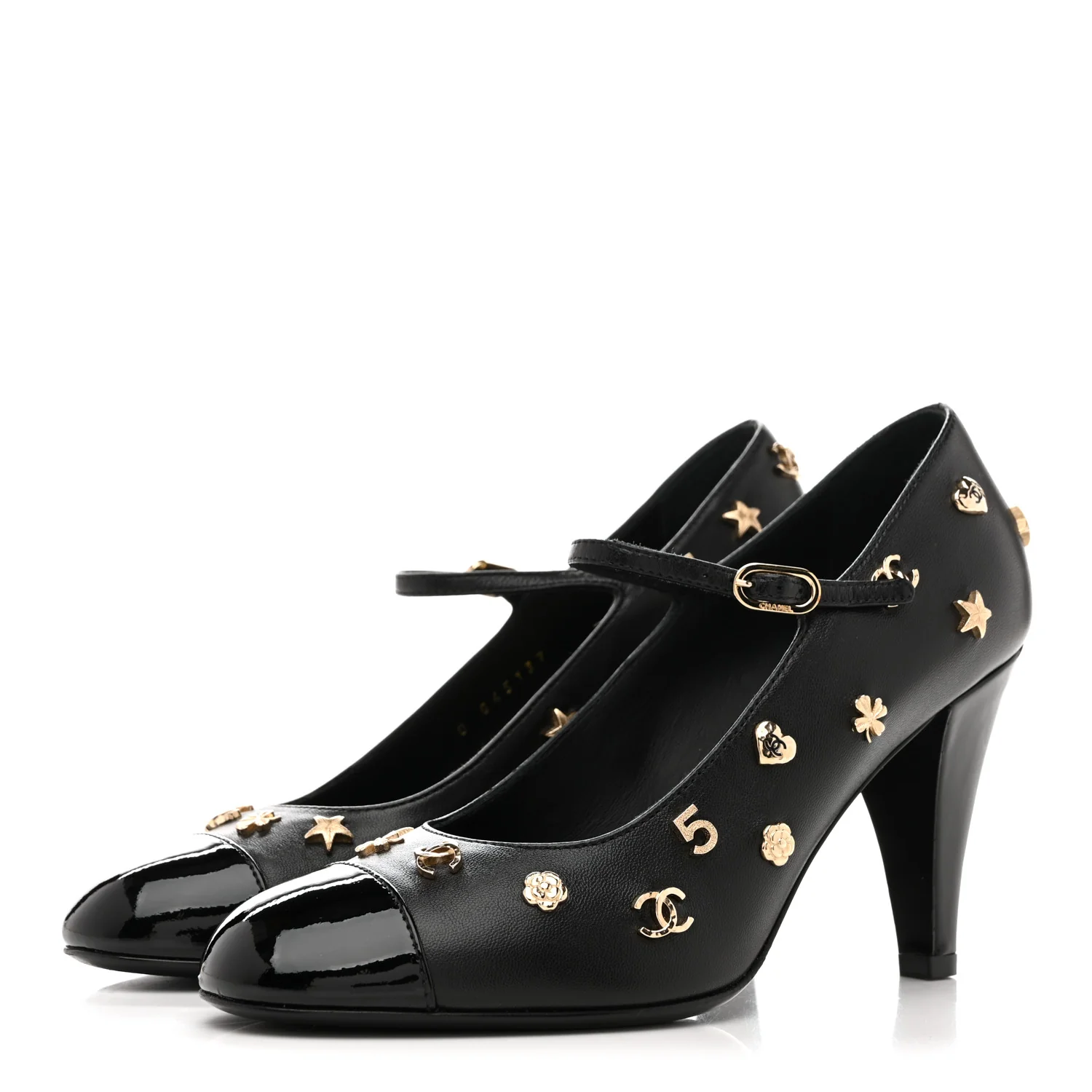 Lambskin Patent Cap Toe Charms Mary Jane Pumps 36.5 Black - Top Club
