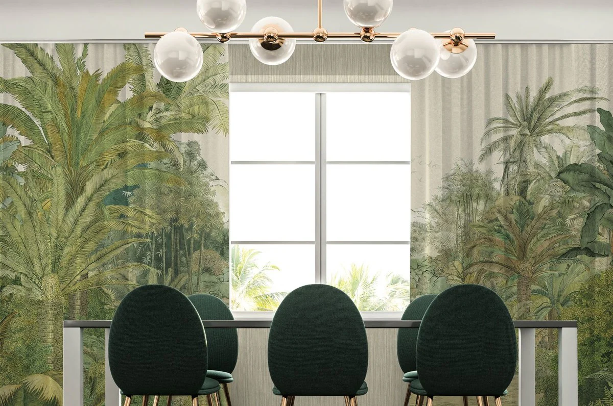 Luxury curtain set palm trees landscape cream / green 250 x H. 290 cm - Printed linen & velvet curtains - Eyelet curtains - Sliding curtains - Luxury decorative accessories