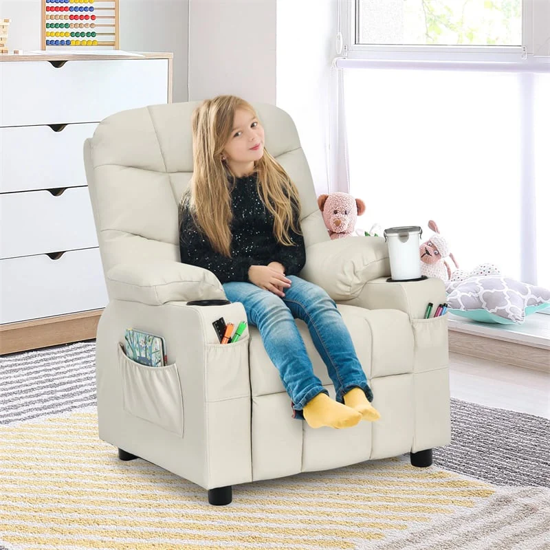 Kids Recliner Chair PU Leather Adjustable Lounge Sofa with Cup Holder, 3 Pockets & Retractable Footrest, Ergonomic Toddler Furniture Sofa