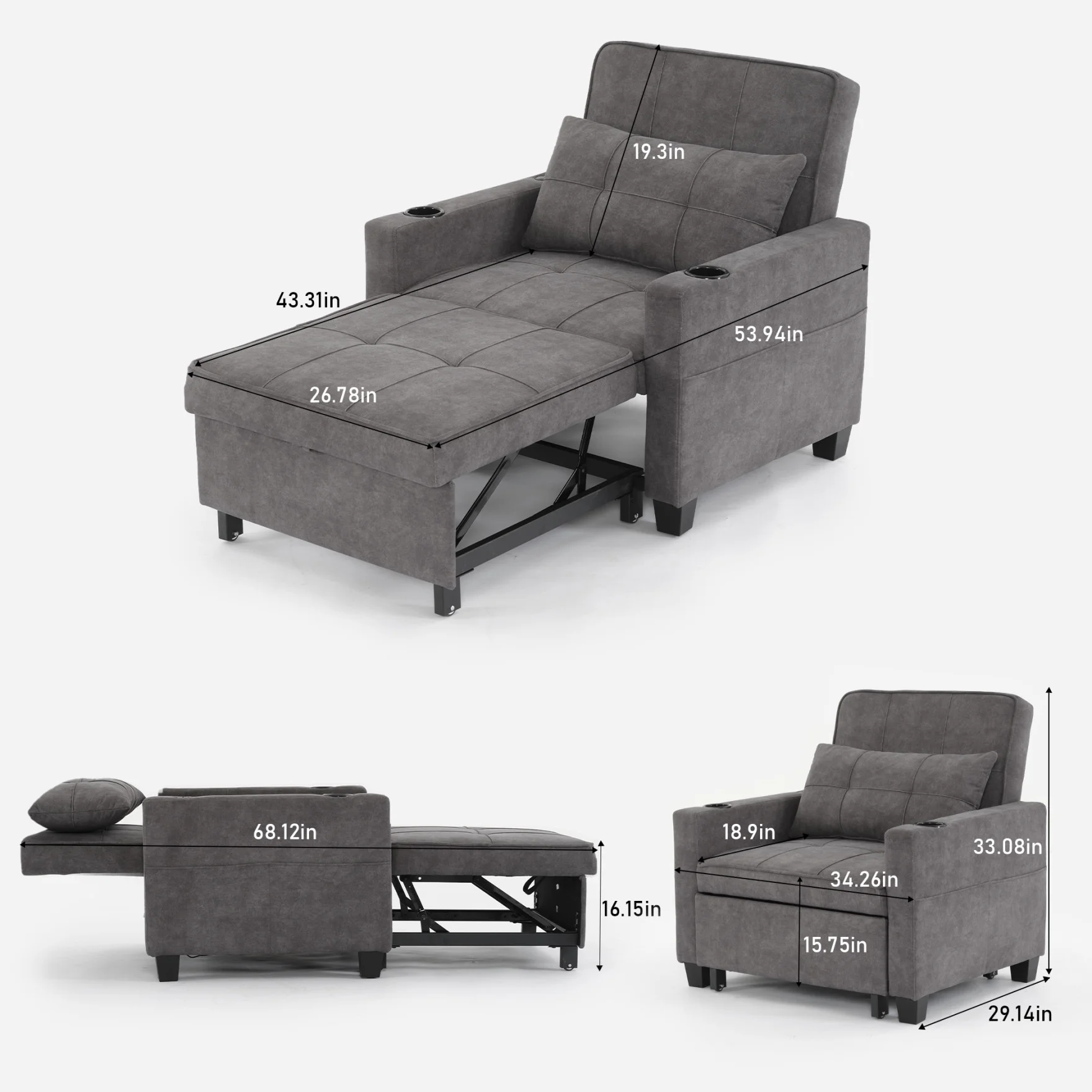 Convertible Futon Sofa Bed, 3 - in - 1 Multi - Functional Sleeper Chair Bed with USB Ports, Adjustable Backrest Recliner, for Living Room Bedroom Small Space, Tech Cloth, Dark Grey