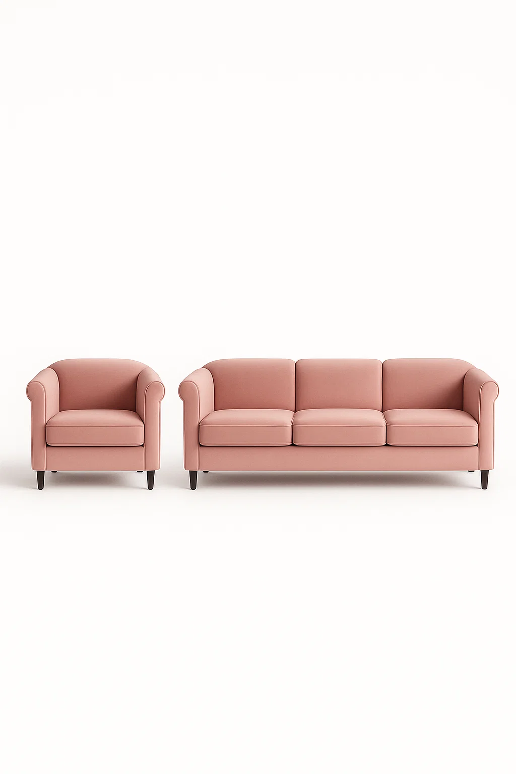 Conjunto sofás 3 plazas + sillón en tejido rosa con reposabrazos redondeados