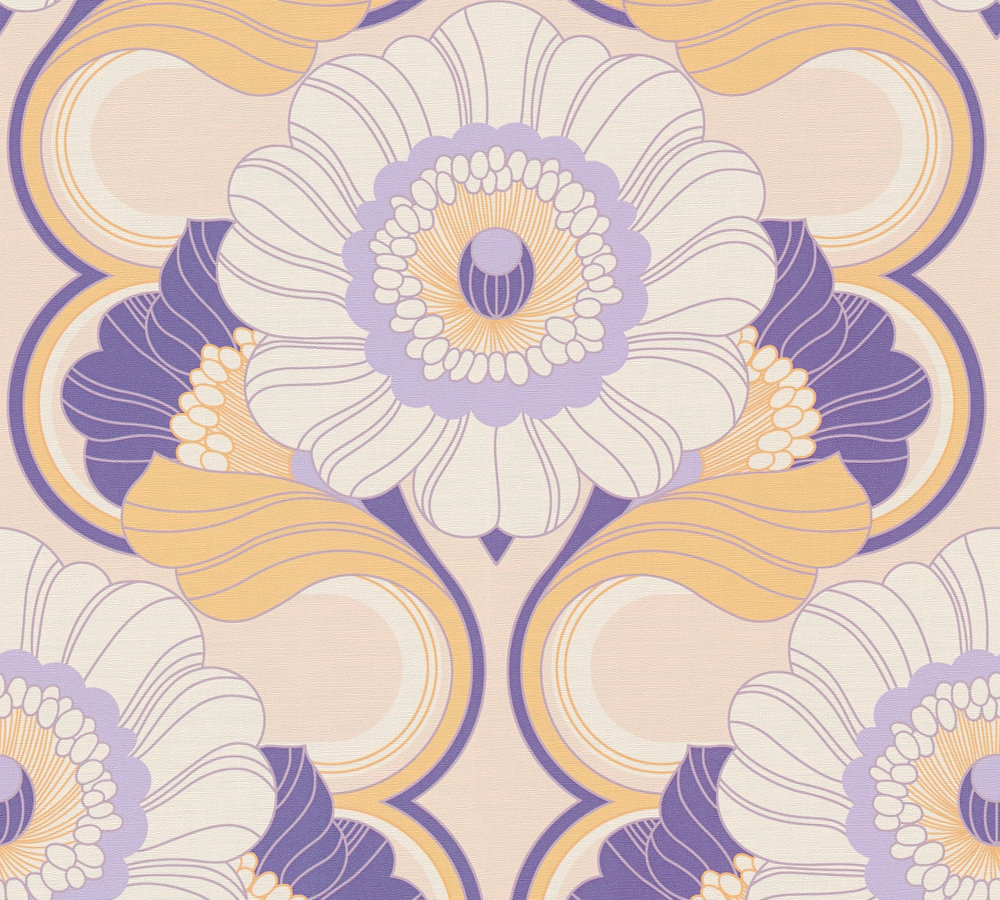 Retro bloemmotief behang- beige, geel, paars Retro bloemenbehang - beige, geel, paars #1