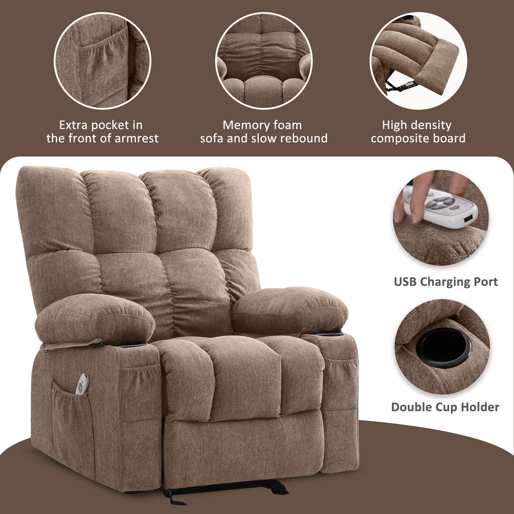JONPONY Manual Recliner Chair with Heat Therapy and Massage Function, Heavy Duty Reclining Mechanism Massage Chair, Elderly Single Rocker Sofa with Cup Holders for Bedroom Home Theater, Grey