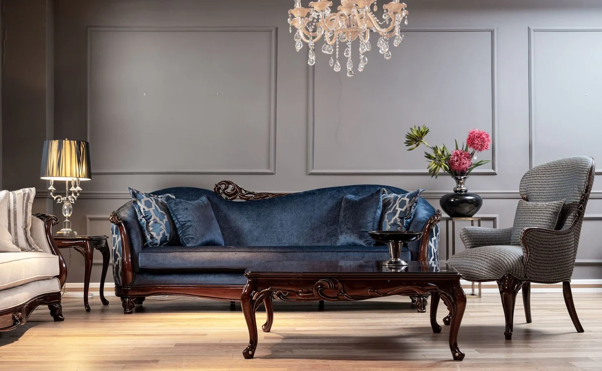 Luxury Baroque Sofa Blue / Dark Brown / Gold - Handmade Living Room Sofa in Baroque Style - Baroque Living Room Furniture