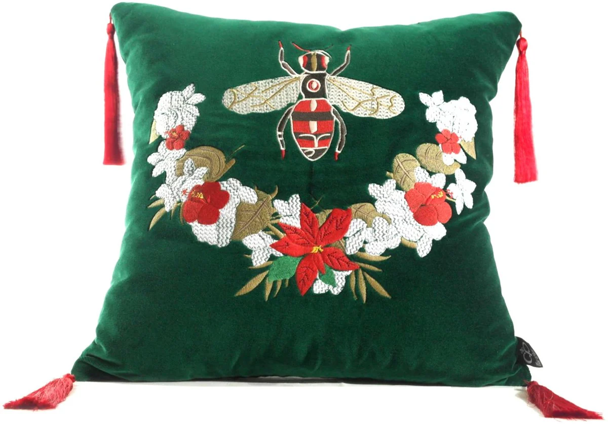 Luxury decorative cushion with tassels Bee Green / Multicolored 45 x 45 cm - Finest velvet fabric - Luxury decorative accessories