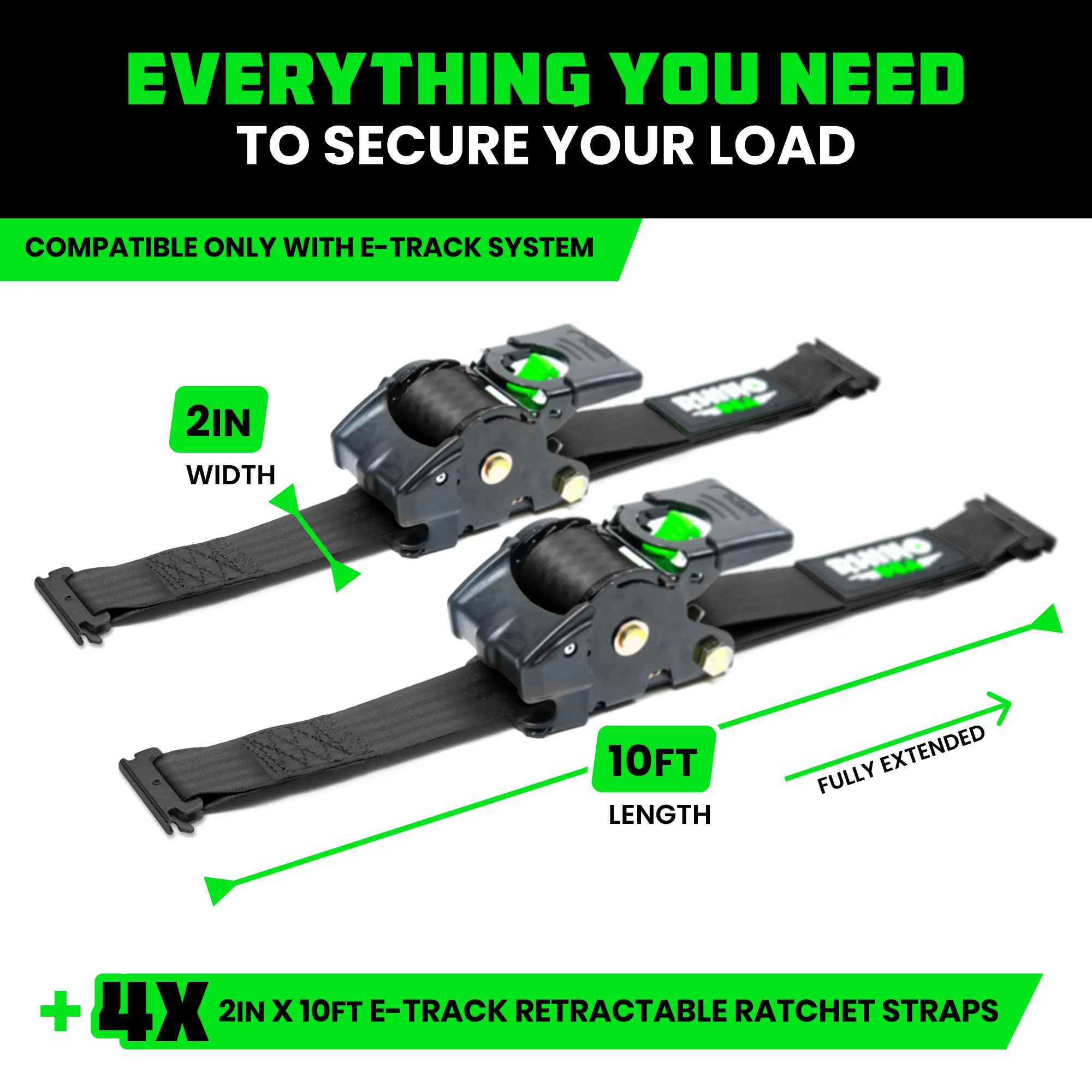 Rhino USA 2”x10’ Retractable E-Track Ratchet Straps: 3033lb Max Break Strength Compatible with E Track Rail Systems only