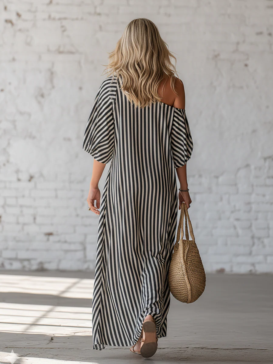 Elegant And Classic Striped Off-shoulder Maxi Dress - Nordfashionstorm - Women's Clothing, Fashion for You - Nordfashionstorm.com