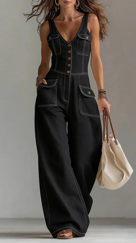 Women's Washed Denim Loose-Fit Sleeveless Jumpsuit with Straps - Nordfashionstorm - Women's Clothing, Fashion for You - Nordfashionstorm.com