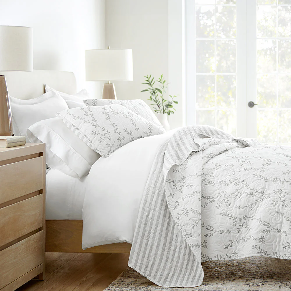 Sprouting Vines Stripe Reversible Quilted Coverlet Set (Sale)