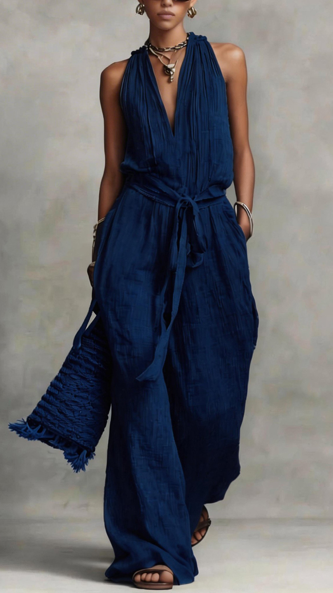 Women's Cotton-Blend Dusty Pink Halter Neck Waisted Jumpsuit - Nordfashionstorm - Women's Clothing, Fashion for You - Nordfashionstorm.com
