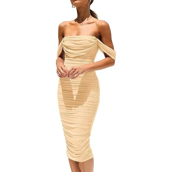 PrettyGarden Women's Summer Midi Dress Off Shoulder Ruched Bodycon Dresses Sleeveless Fitted Party Club Cocktail Womenswear