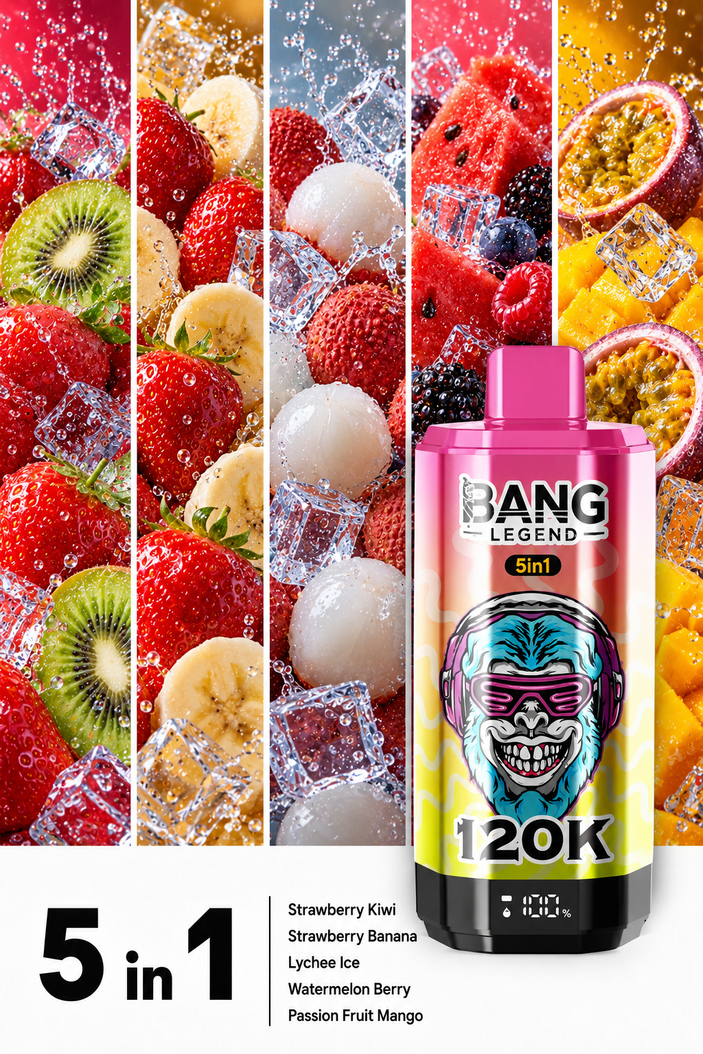 Jahoda a kiwi, jahoda a banán, ledové liči, meloun a lesní plody, maracuja a mango