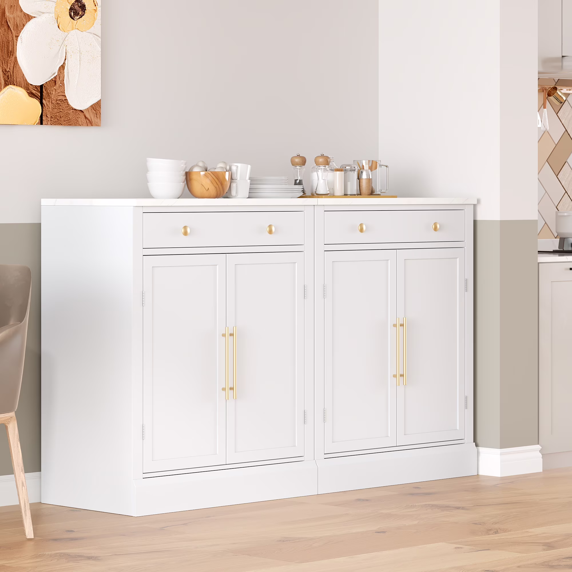 Euroco Modern Freestanding Kitchen Pantry,Buffet Food Storage, Coffee Bar Cabinet with Drawer, 2 Adjustable Shelves and 2 Door Shelves for Dining, Kitchen,White