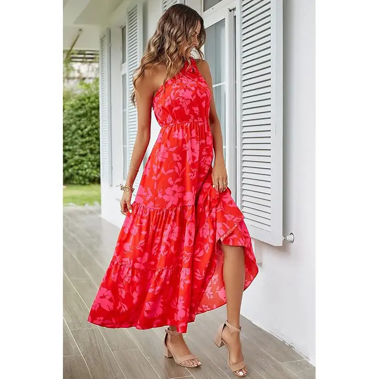 PrettyGarden Boho Chic Floral Maxi Dress - One Shoulder, Ruffle, Sleeveless, Flowing Summer Beach Wedding Guest Dress- Womenswear#SwimWeek