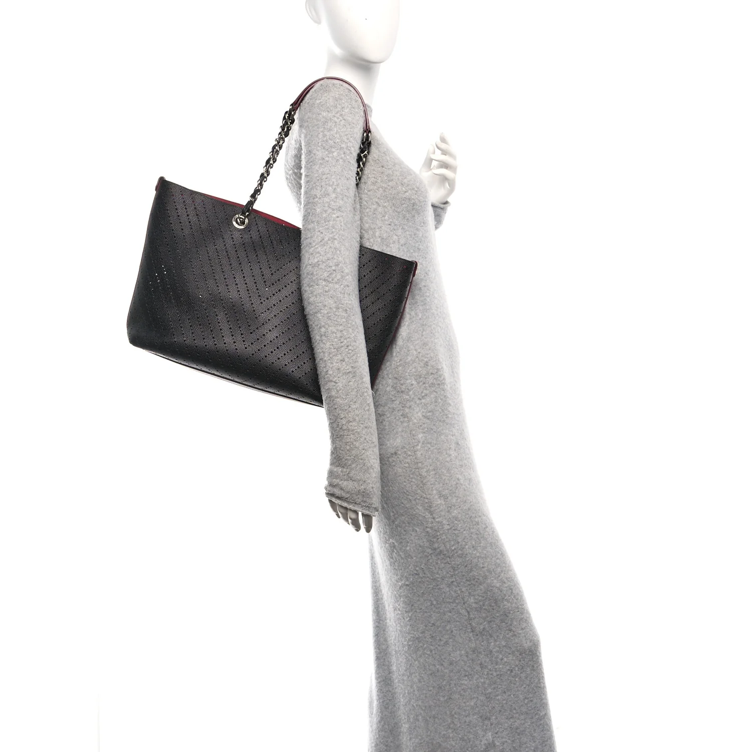 Perforated Grained Calfskin Large Shopping Tote Black