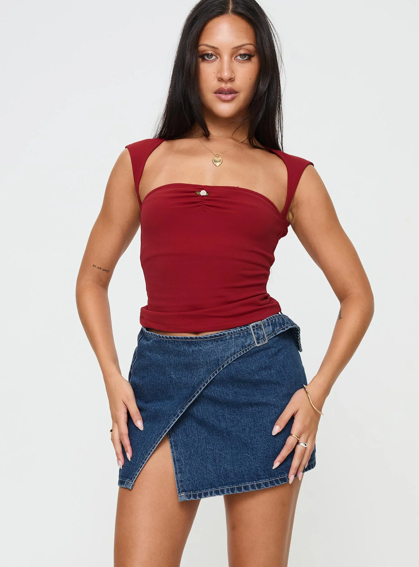 Wait Up Denim Wrap Mini Skirt Mid Wash