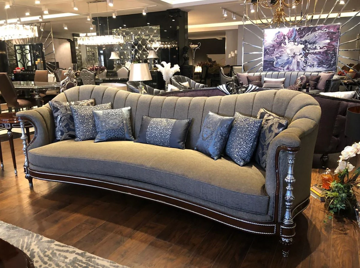 Luxury Baroque Living Room Set Gray / Brown / Silver - 2 Sofas & 2 Armchairs & 1 Coffee Table - Handmade Baroque Living Room Furniture - Noble & Magnificent