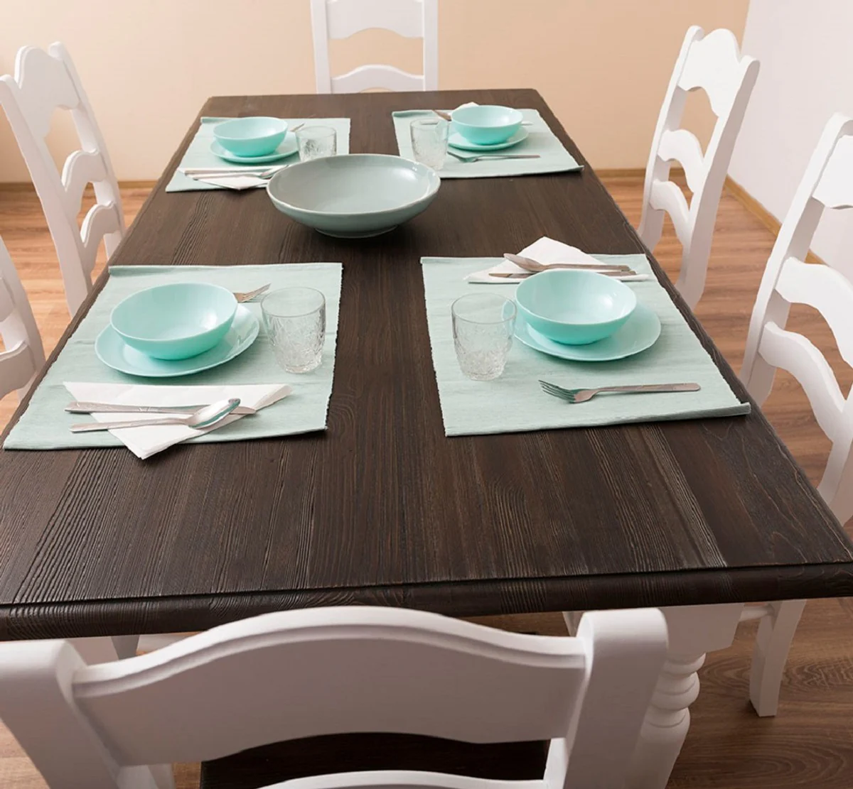 Country style dining room furniture set white / dark brown - 1 country style dining table & 6 country style dining room chairs - solid wood dining room furniture - country style dining room furniture