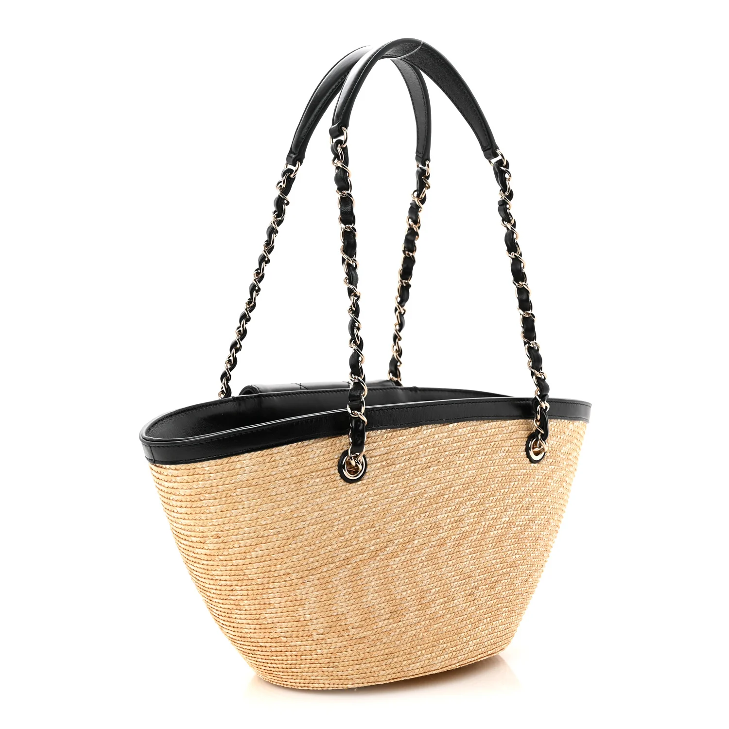 Raffia Braided Lambskin Small Shopping Tote Beige Black - Top Club