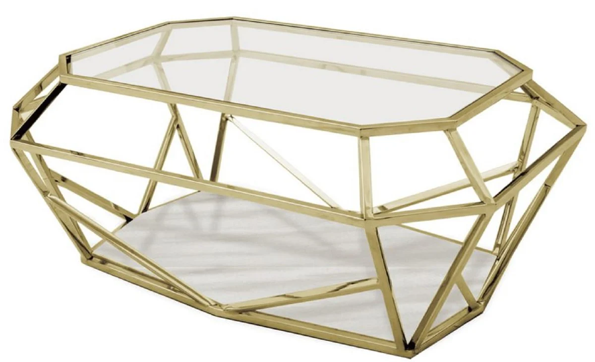 Luxury coffee table gold / white 100 x 70 x H. 41 cm - Modern living room table with glass & marble top - Living room furniture