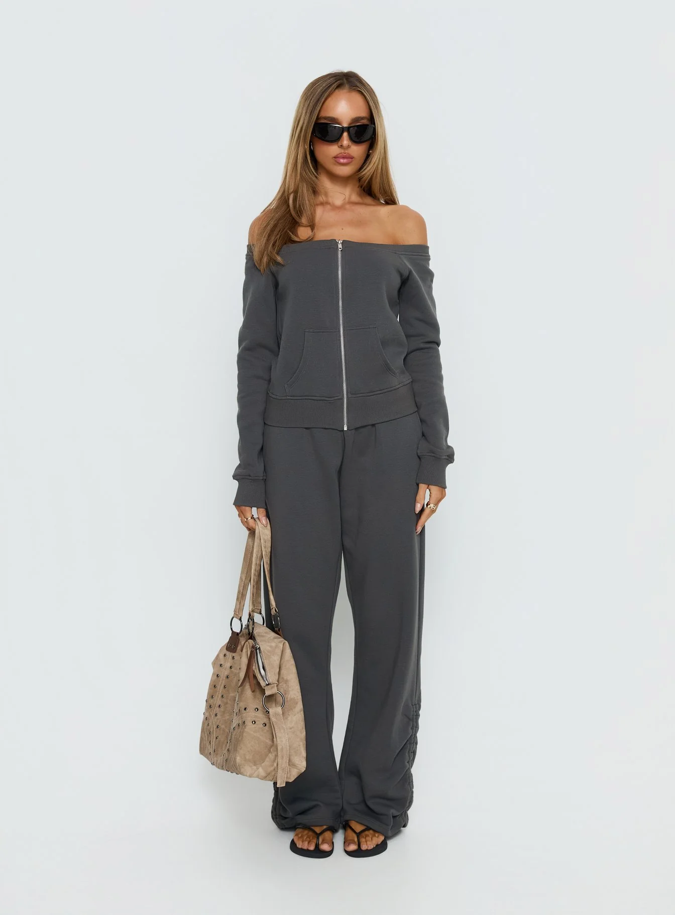 Airazo Off Shoulder Zip Through Jumper Grey