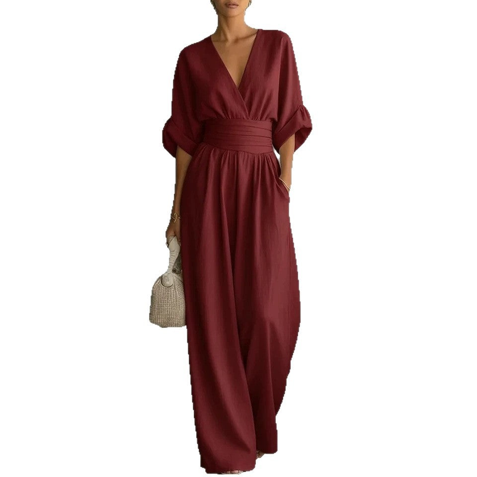 Women's Solid-Color V-Neck Jumpsuit - Nordfashionstorm - Women's Clothing, Fashion for You - Nordfashionstorm.com