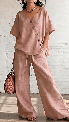 Women's Casual Vacation Loose Cotton Linen V-Neck Wide-Leg Pants Two-Piece Set - Nordfashionstorm - Women's Clothing, Fashion for You - Nordfashionstorm.com