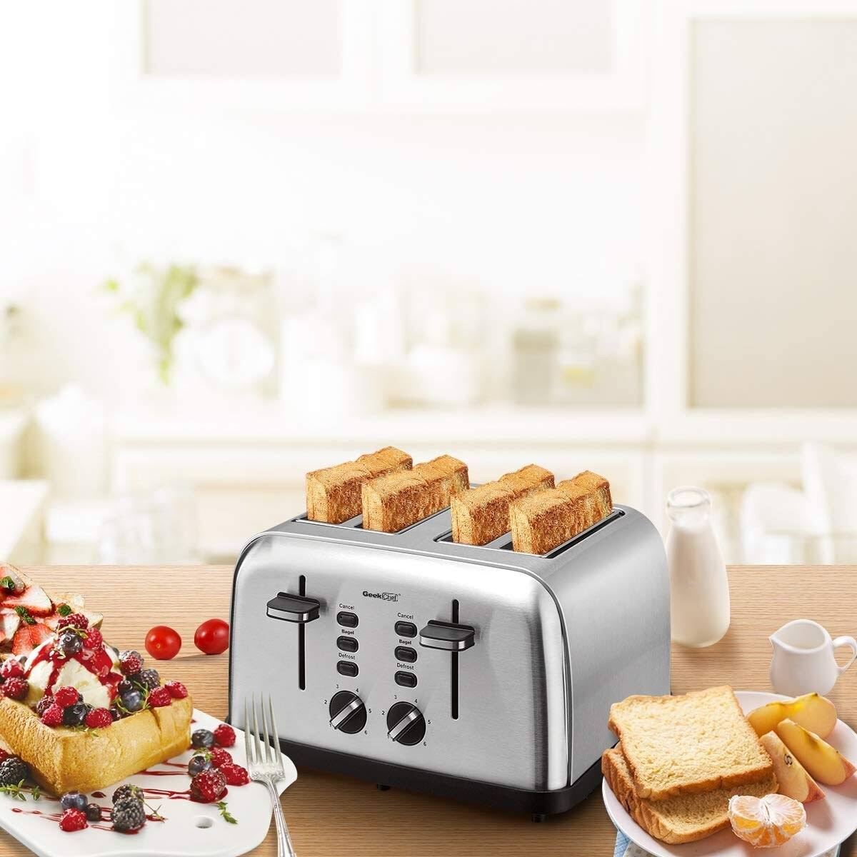 Extra Wide Slots Toaster 4 Slice, 6 Browning Settings Auto Pop-Up - Stainless Steel - 10.9 W x 11.8 D x 7.1 H Inches - Silver