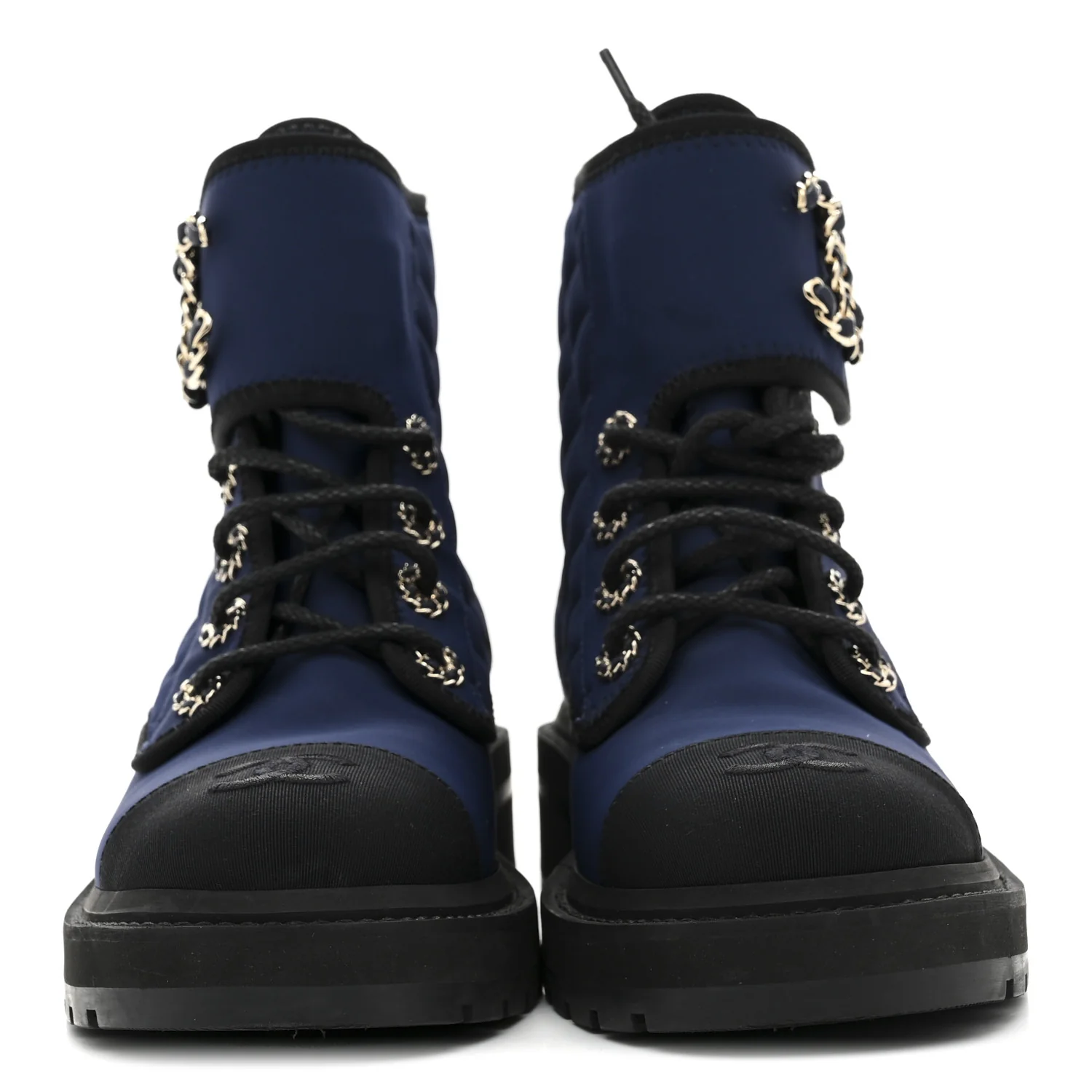 Fabric Grosgrain Quilted Cap Toe Lace Up Combat Boots 36.5 Navy Black - Top Club