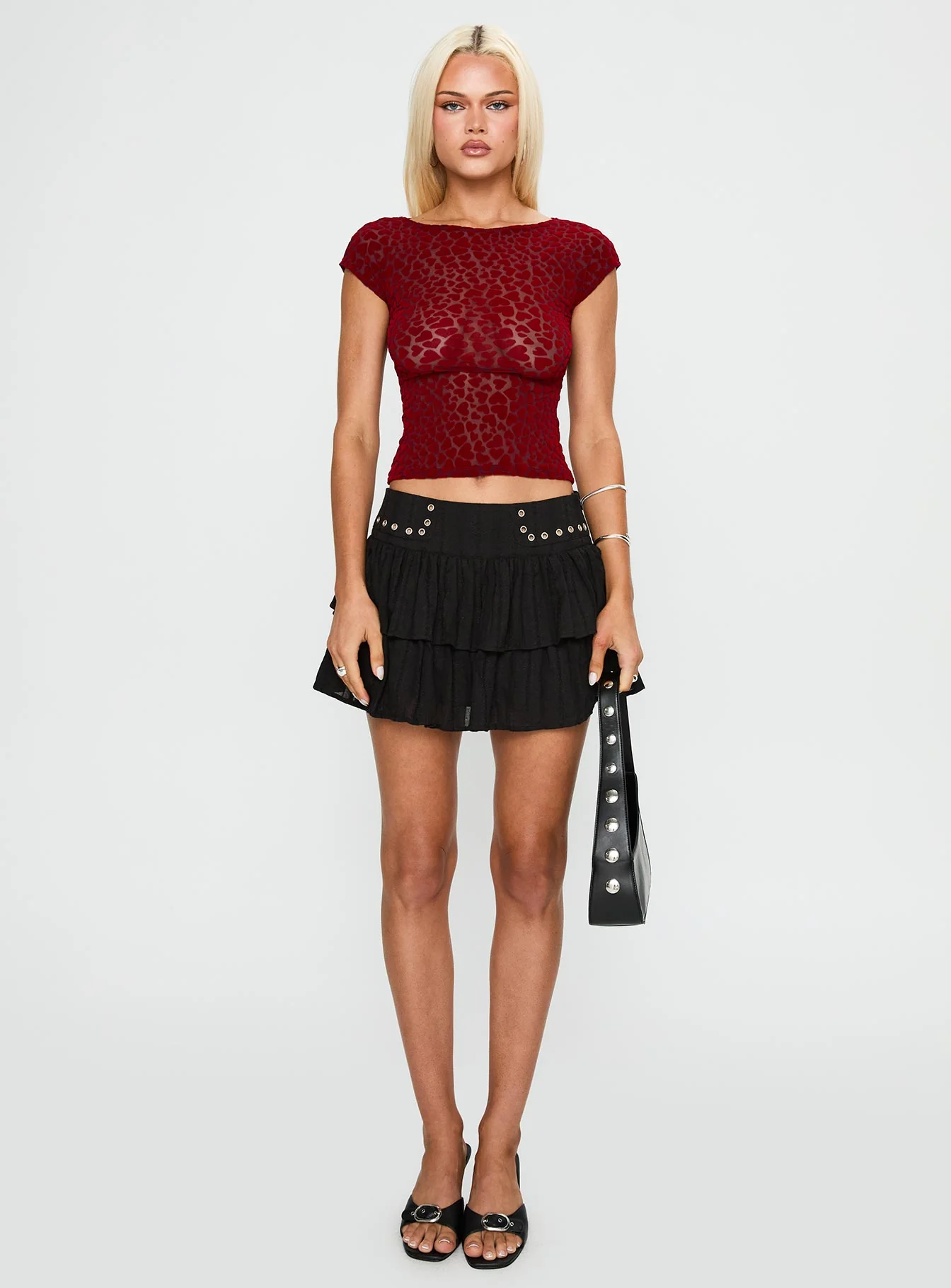 Fire Sign Studded Tiered Mini Skirt Black