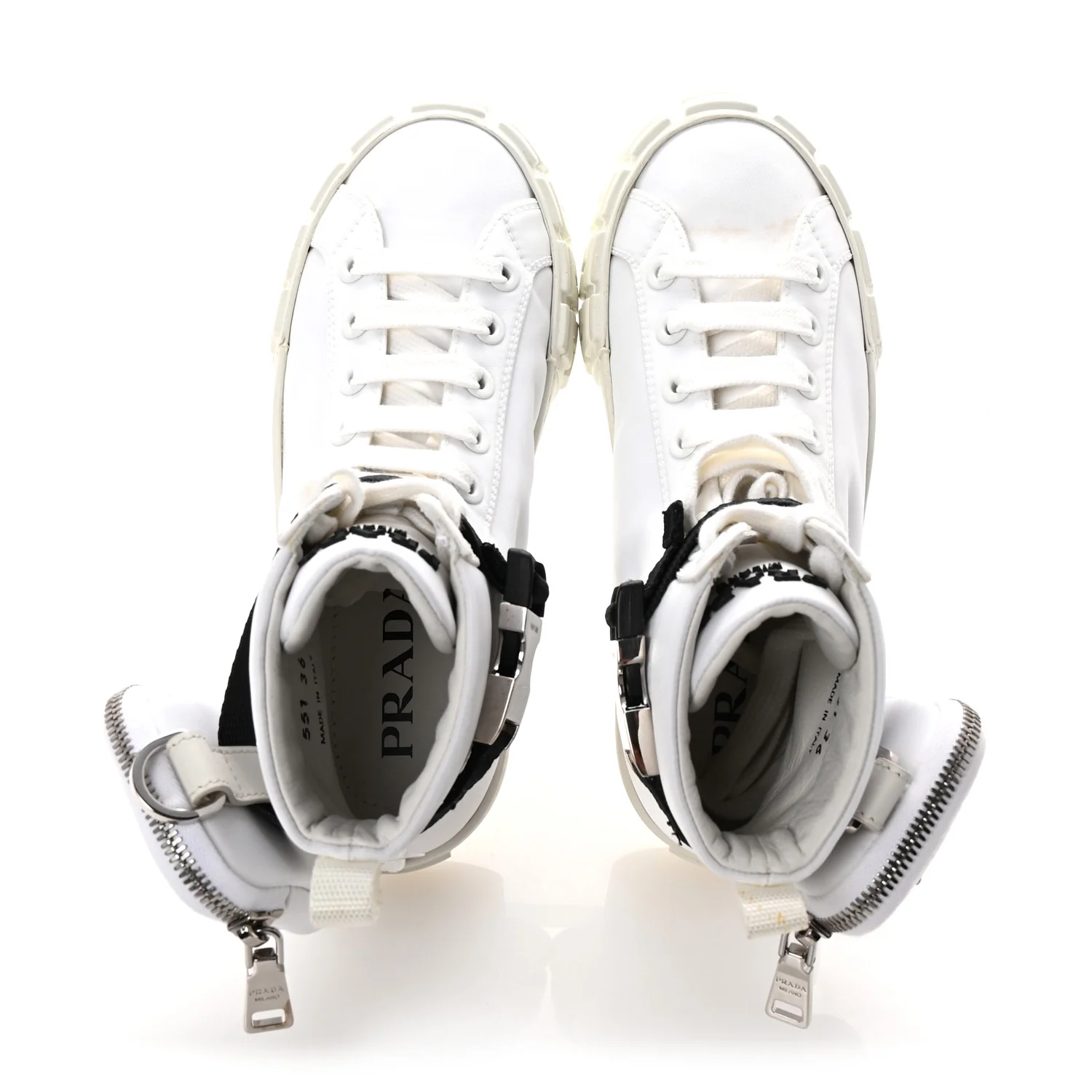 Re-Nylon Gabardine Metal Triangle Logo Wheel Pouch Pocket High Top Sneakers 36 White