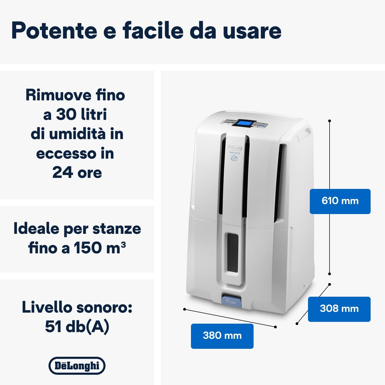 Tasciugo DD230P Deumidificatore elimina l'umidità, Asciugabiancheria, 30L al giorno, Comandi elettronici, TANICA 7L, ANTIMUFFA, pratiche ruote e maniglie, TIMER, in dotazione 5mt tubo,bianco