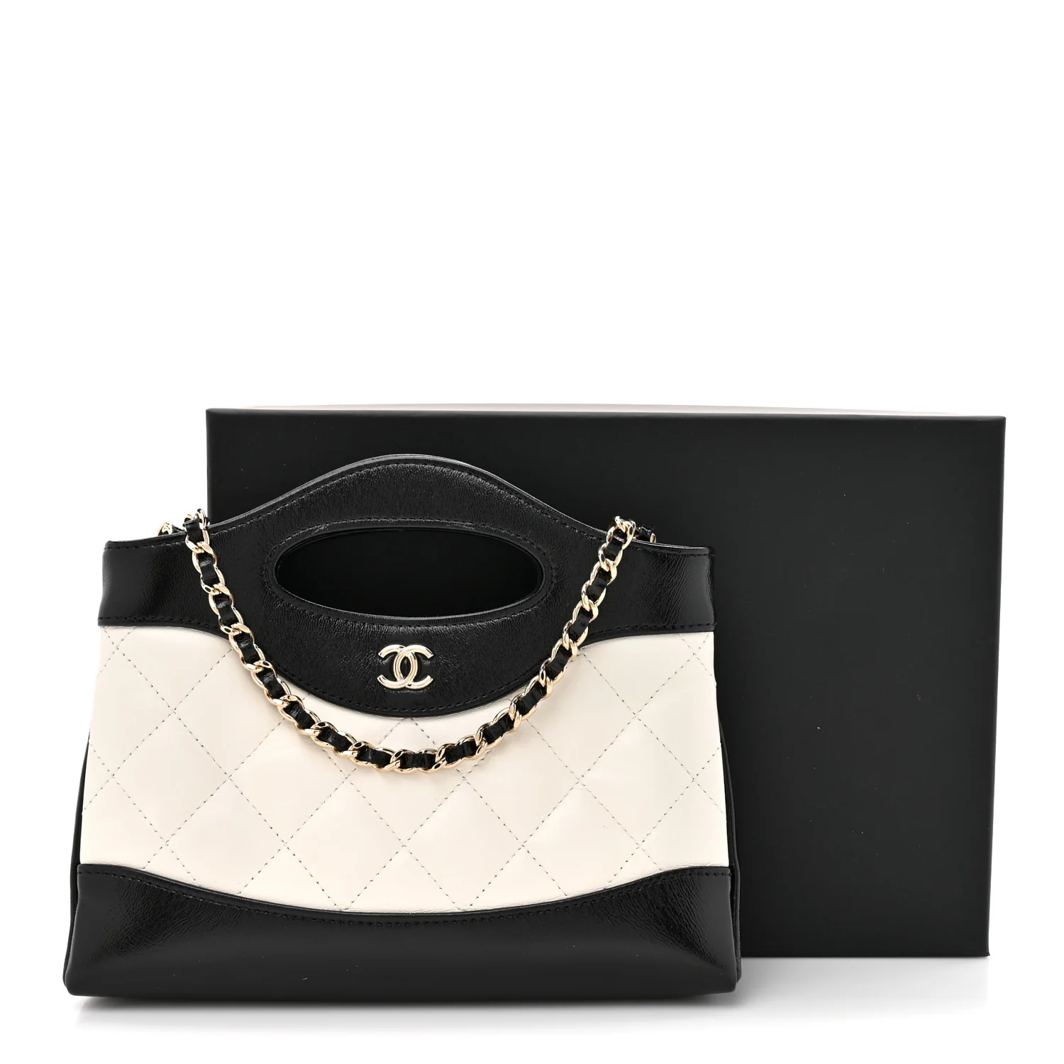 Shiny Crumpled Calfskin Quilted Nano 31 Shopping Bag White Black - Top Club