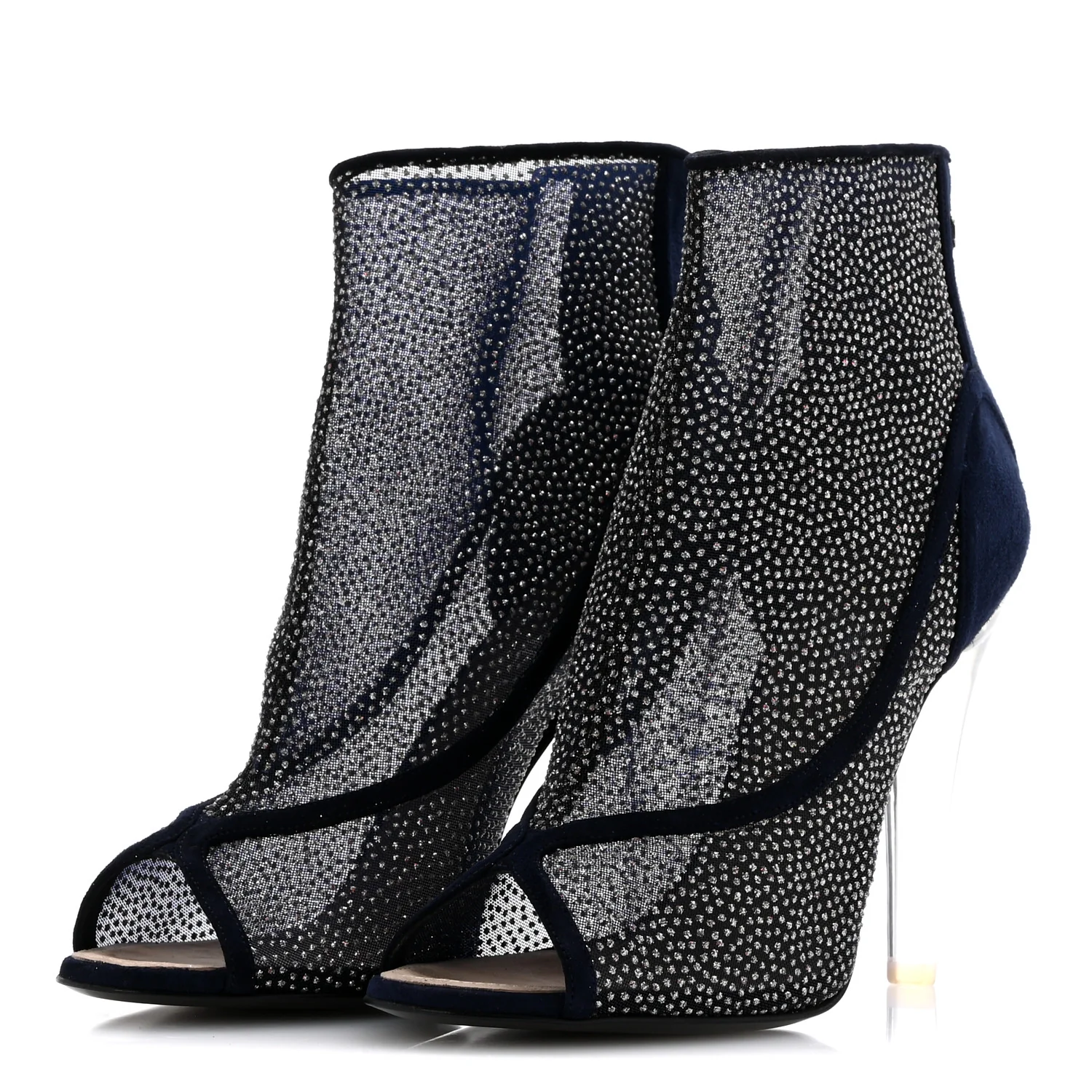 Mesh Crystal Open Toe Ankle Boots 40 Navy - Top Club