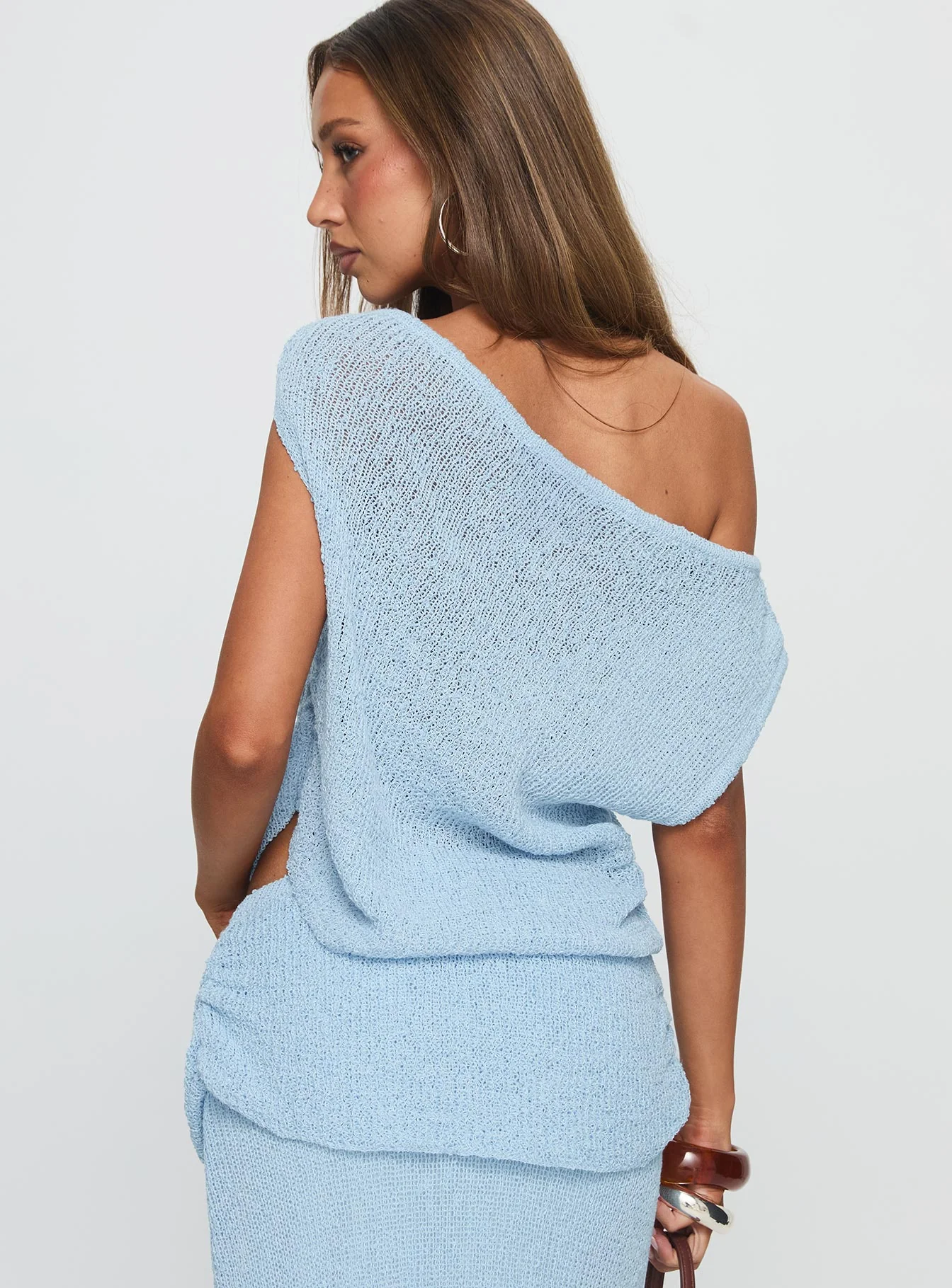 Courter Boucle Off Shoulder Top Blue