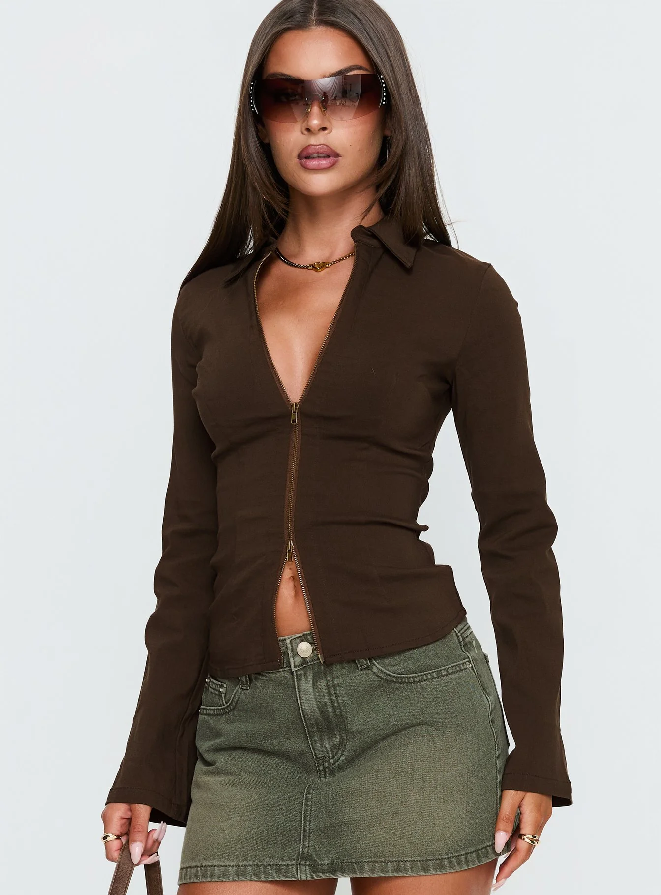 Aviela Zip Up Long Sleeve Top Brown