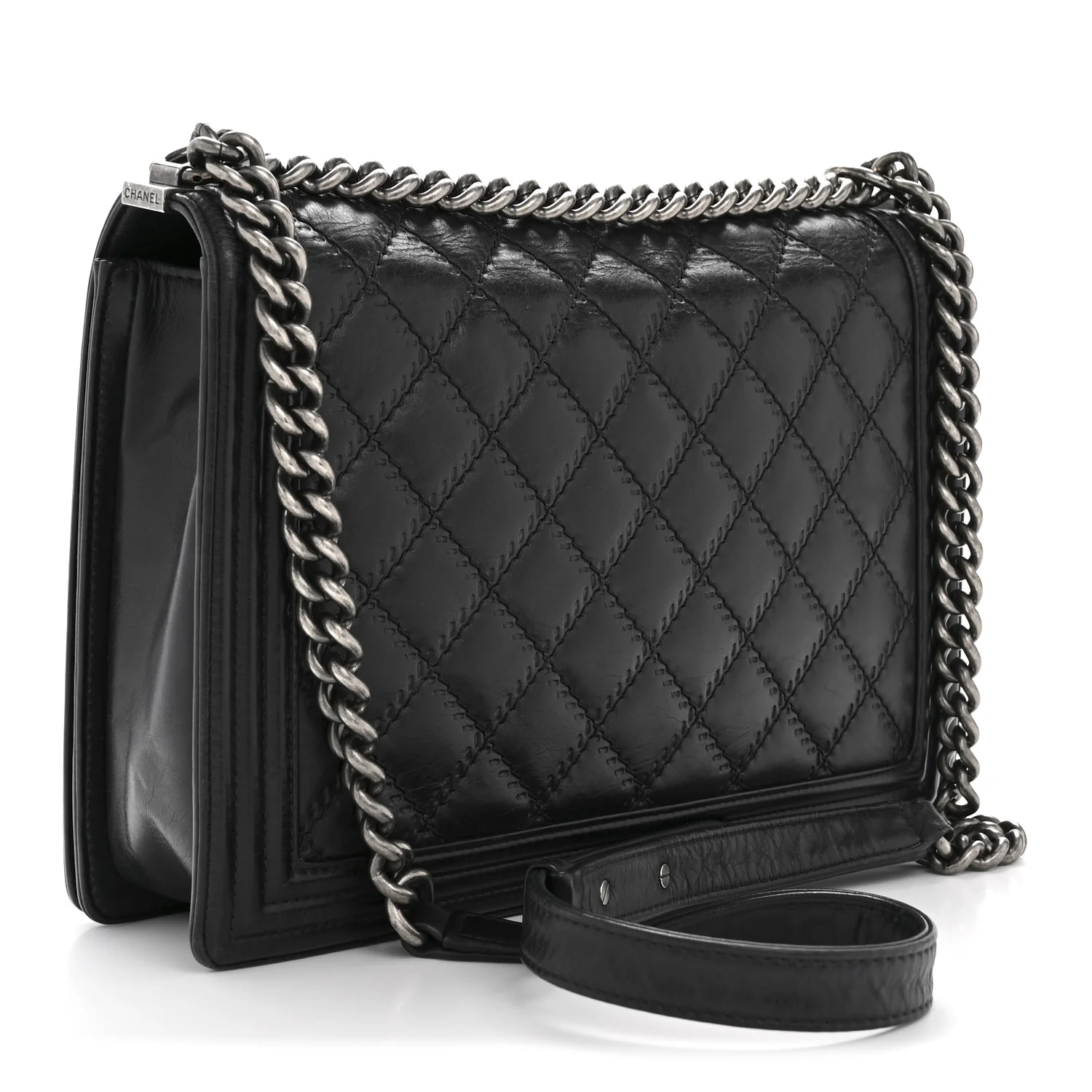 Calfskin Embossed Stitch Large Boy Flap Black - Top Club