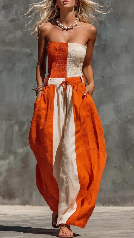 Women's strapless orange and off-white contrasting cotton-linen jumpsuit - Nordfashionstorm - Women's Clothing, Fashion for You - Nordfashionstorm.com