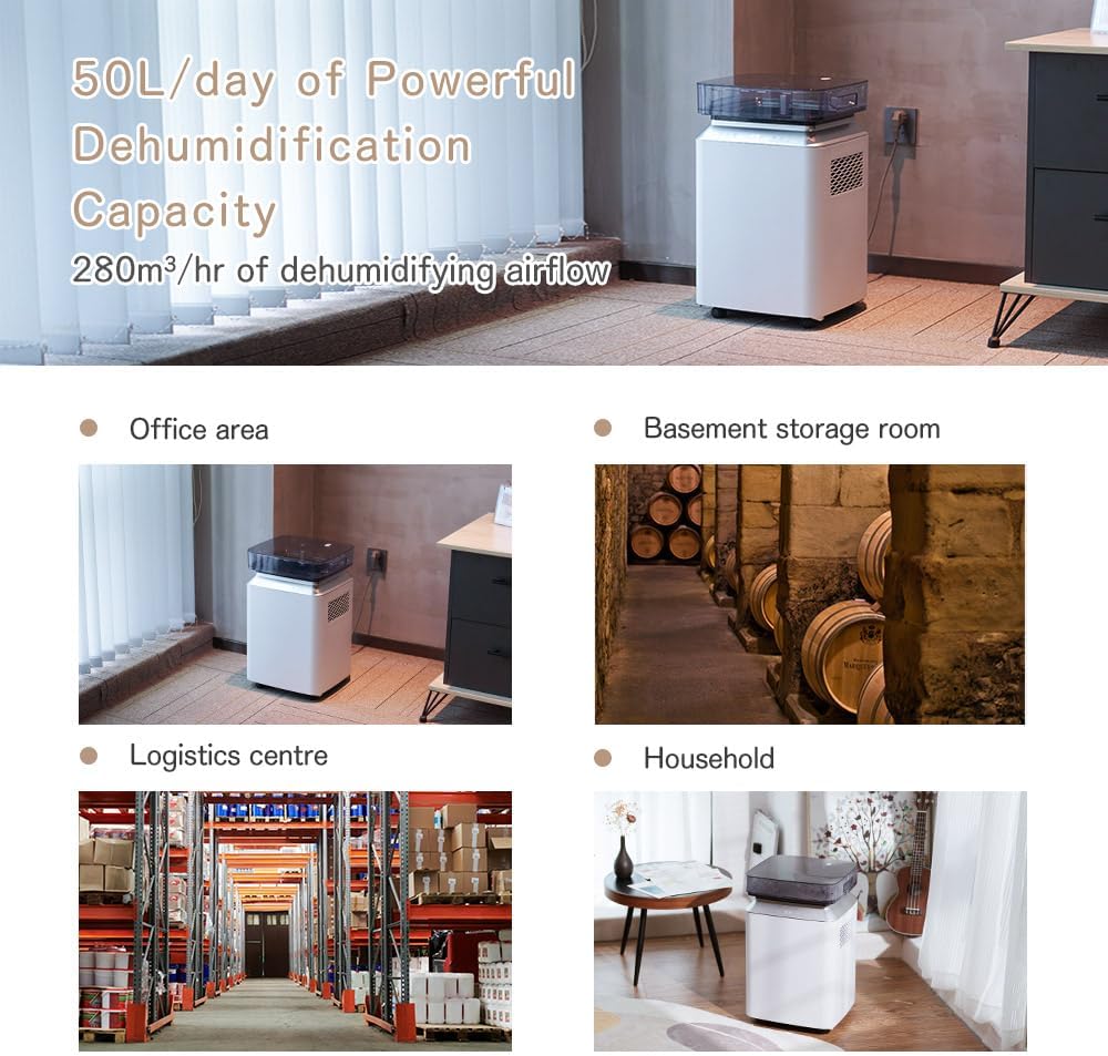 Kalopsia 50L / Giorno Deumidificatore Portatile Elettrico: Deumidificatore Professionale con Pompa e Tubo di Drenaggio Deumidificatore Smart Ecologico R290 Timer 24Hr Deumidificatore Bagno Cantina