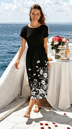 Elegant Short-Sleeve Timeless Black & White Floral Midi Dress with Floral Pattern - Nordfashionstorm - Women's Clothing, Fashion for You - Nordfashionstorm.com