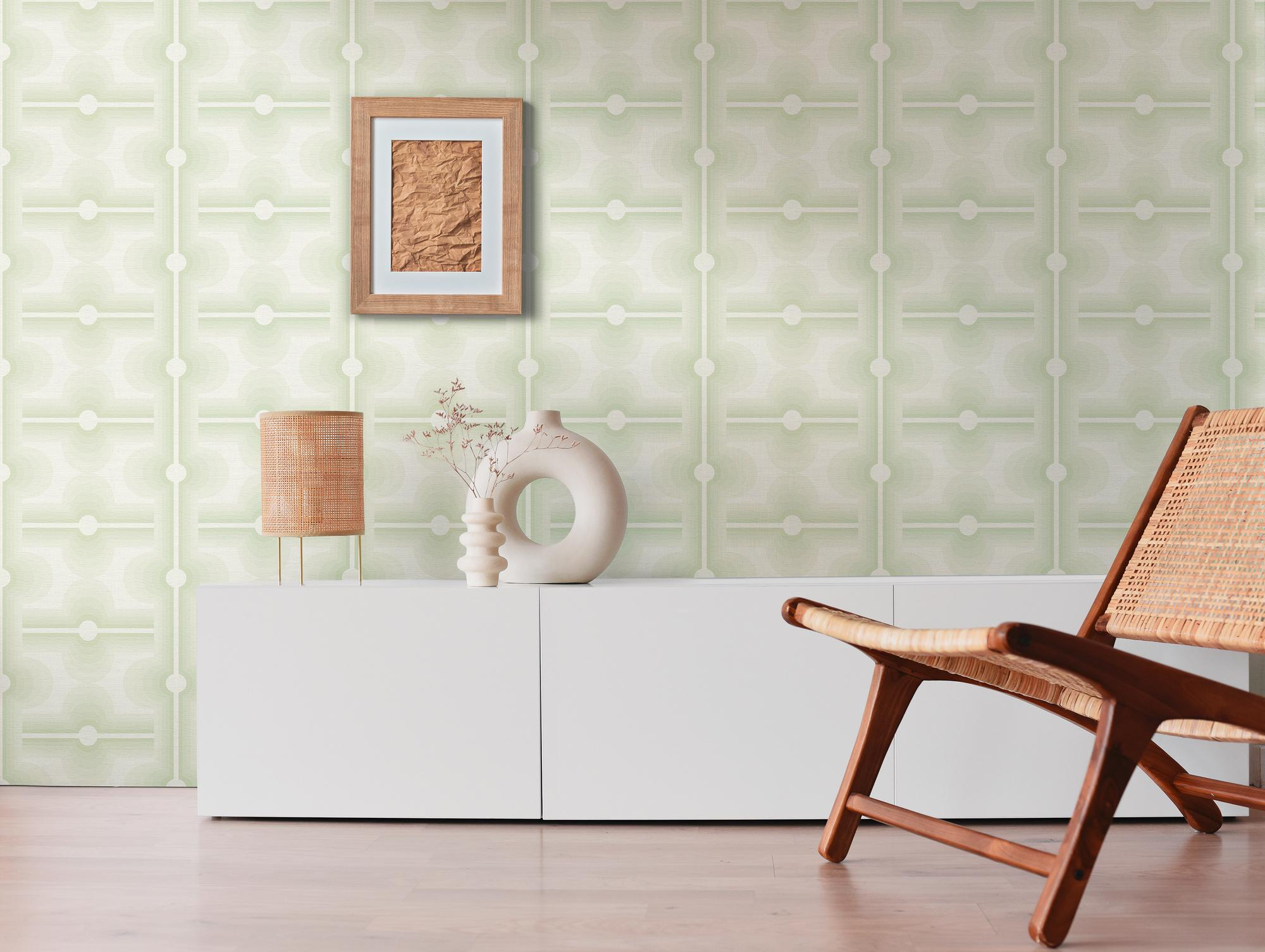 Vliesbehang retro patroon in de kleur vaalgroen - groen, crème Retro patroon op vliesbehang in de kleur vaalgroen - groen, crème #1