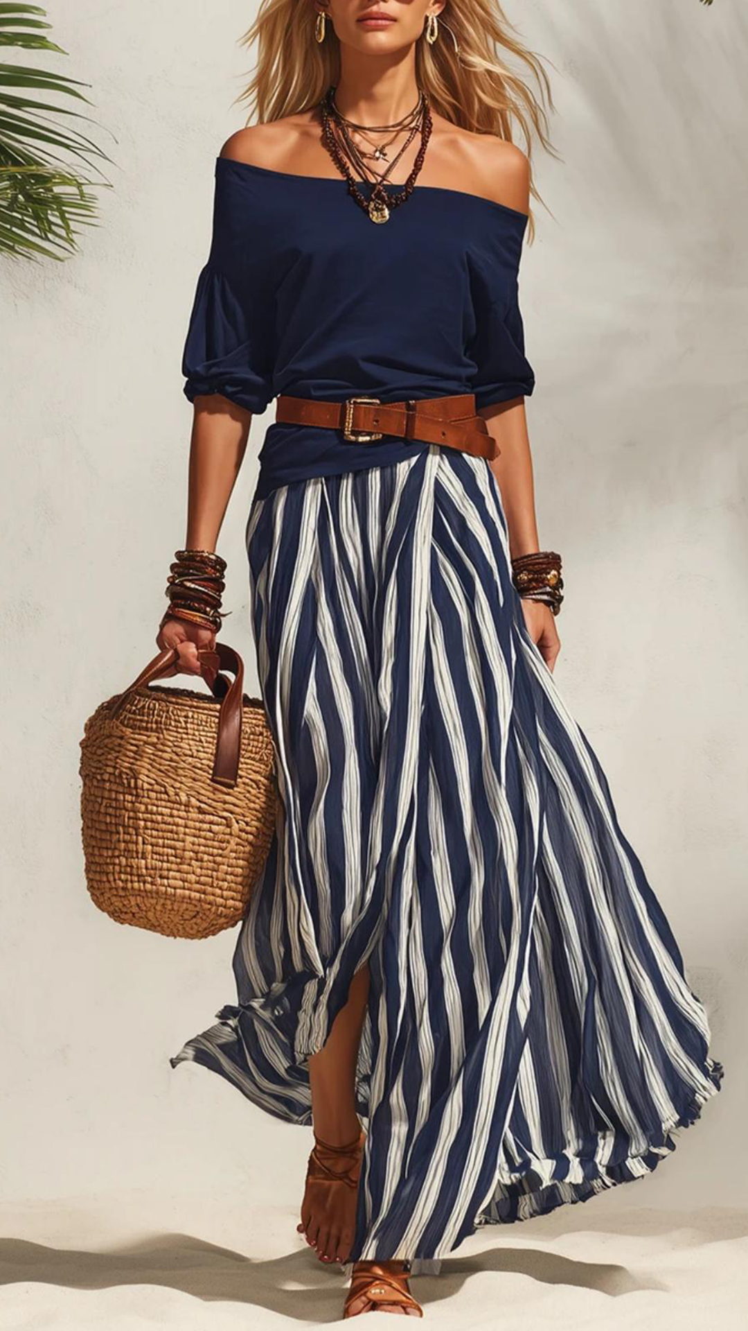 Women's Cotton‑blend Off‑the‑shoulder Mid‑sleeve Top & Blue‑white Striped Slit Maxi Skirt Set - Nordfashionstorm - Women's Clothing, Fashion for You - Nordfashionstorm.com
