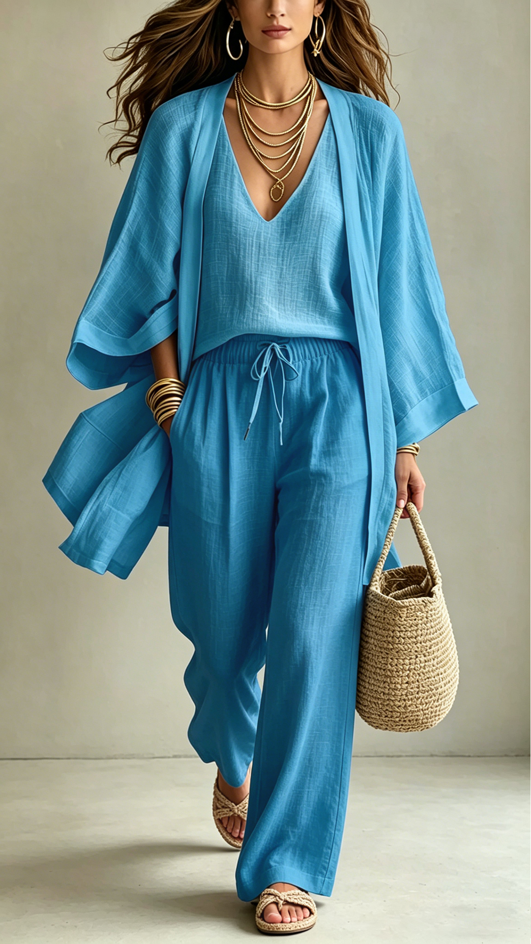 Women's  Linen-Blend Three-Piece Set(Kimono + Tank + Pants) - Nordfashionstorm - Women's Clothing, Fashion for You - Nordfashionstorm.com
