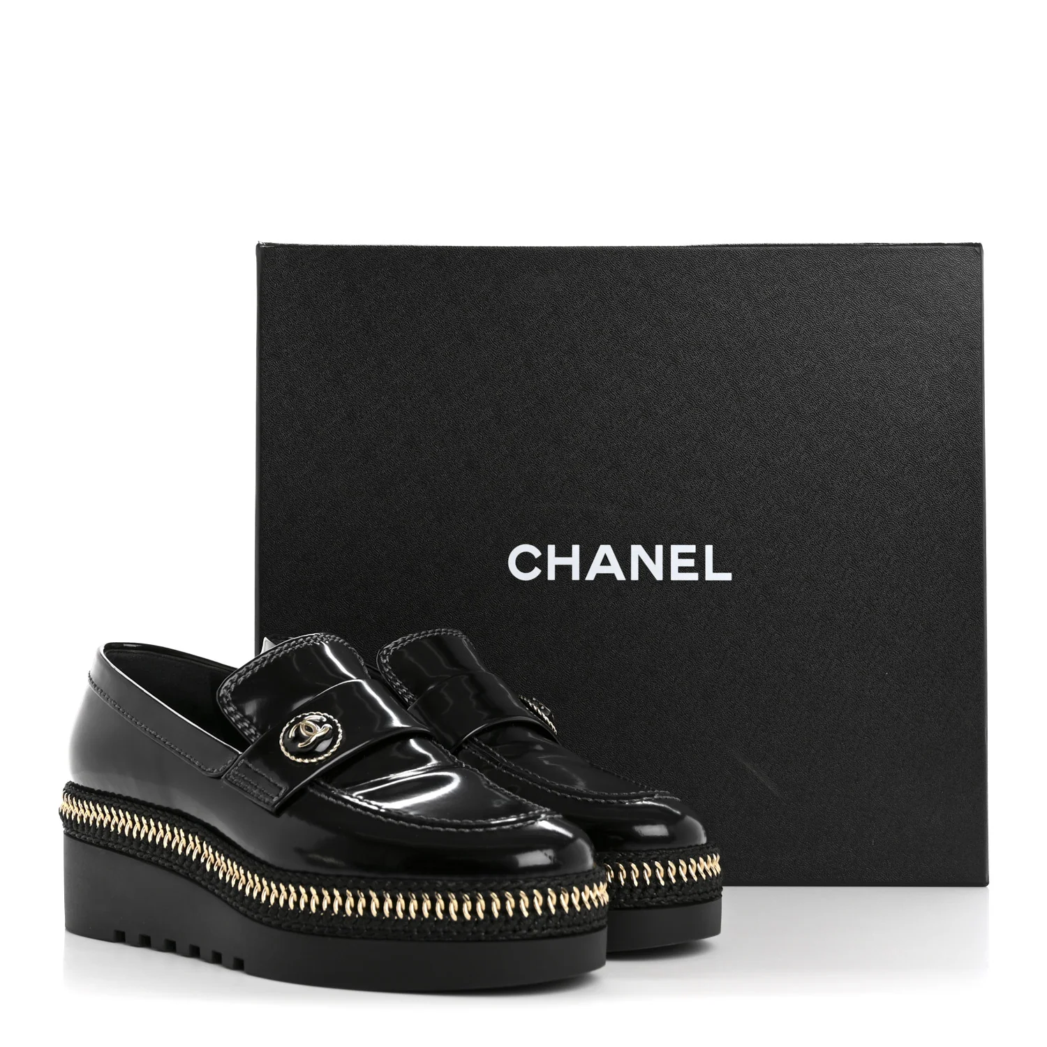 Shiny Calfskin Platform Loafers 37 Black - Top Club