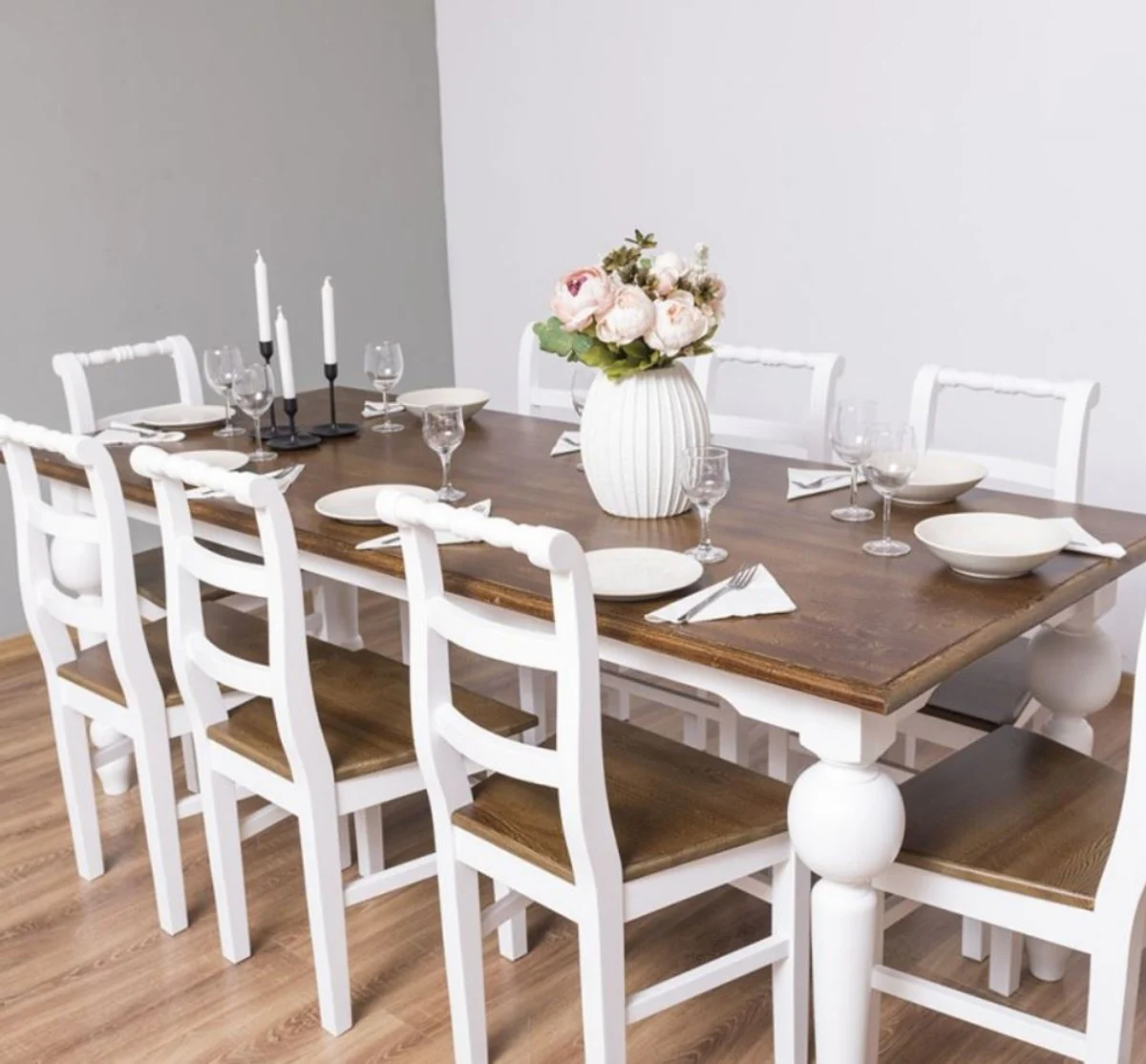 Country Style Dining Room Furniture Set Brown / White - 1 Dining Table & 8 Dining Room Chairs - Solid Wood Dining Room Furniture - Country Style Furniture