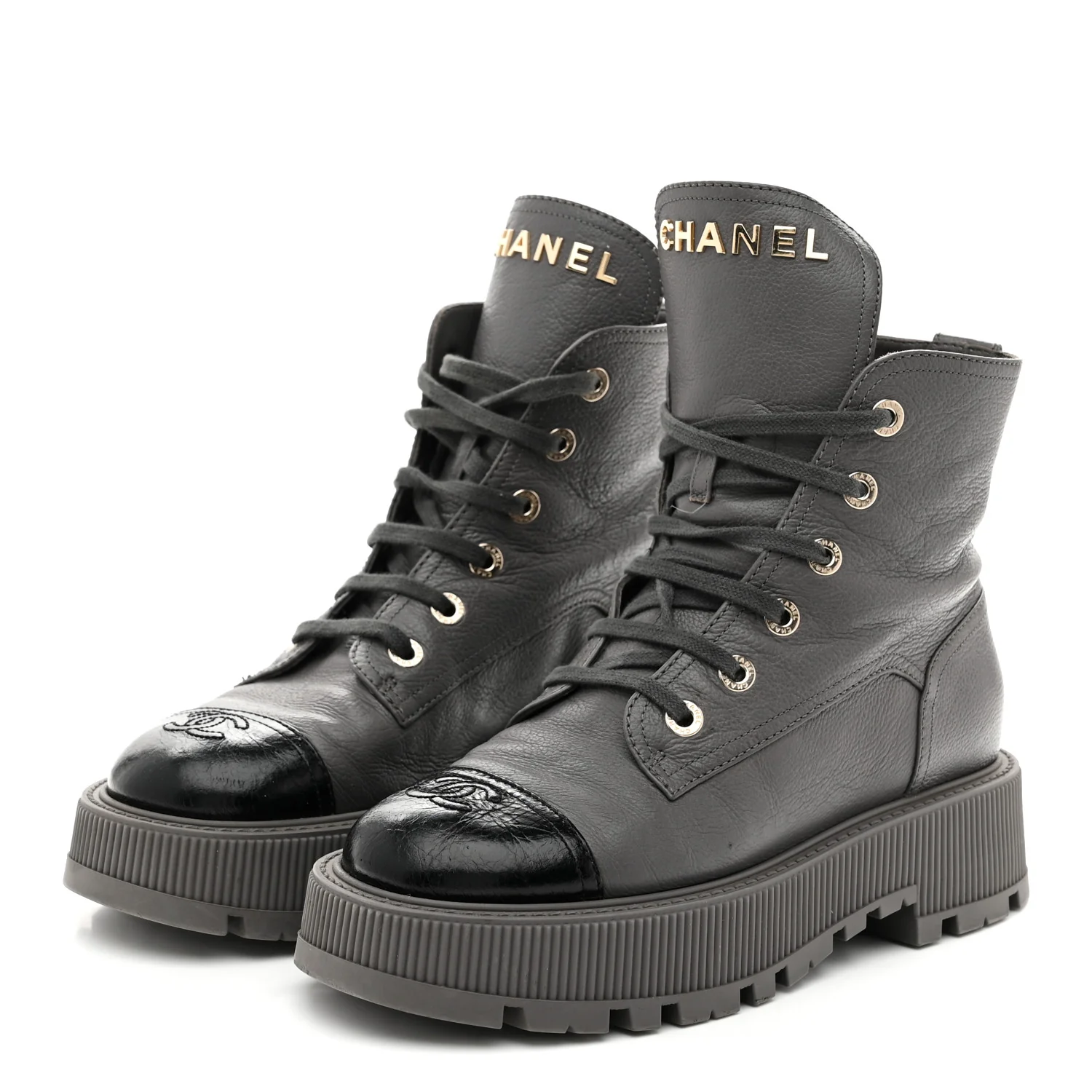 Calfskin CC Lace Up Combat Boots 39 Gray - Top Club