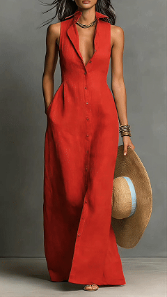Women's Sleeveless Collared Waist-Cinching Long Shirt Dress - Nordfashionstorm - Women's Clothing, Fashion for You - Nordfashionstorm.com